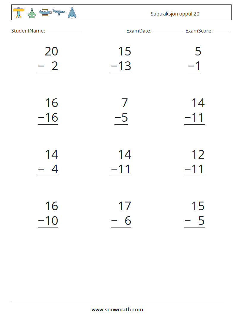 (12) Subtraksjon opptil 20 MathWorksheets 6