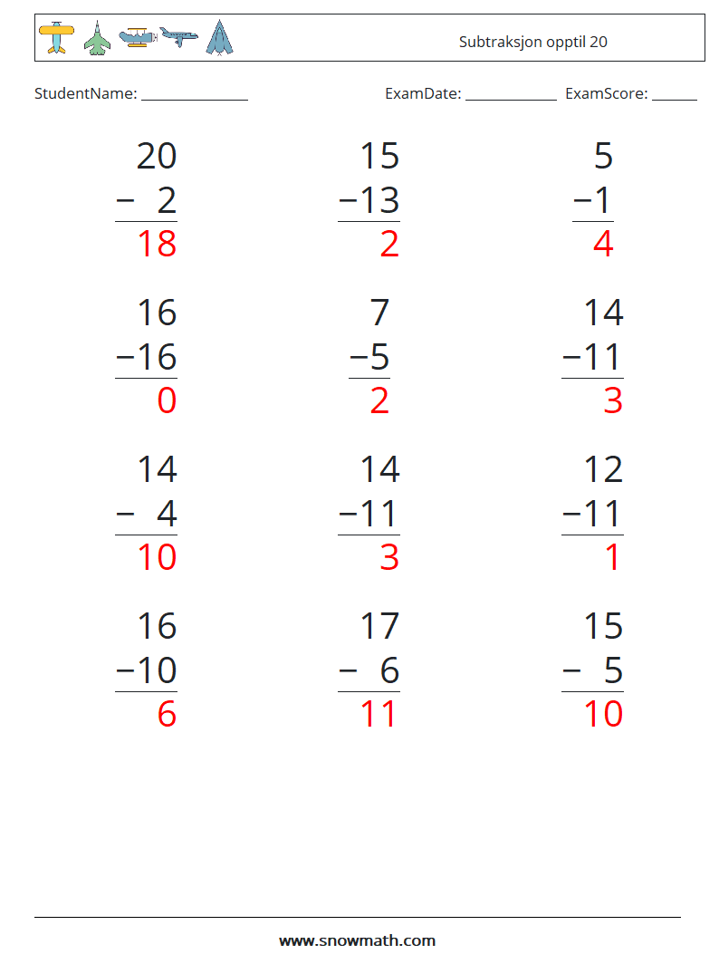 (12) Subtraksjon opptil 20 MathWorksheets 6 QuestionAnswer