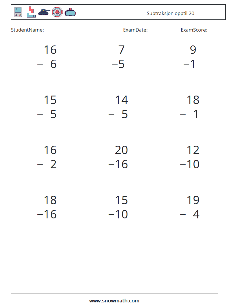 (12) Subtraksjon opptil 20 MathWorksheets 7