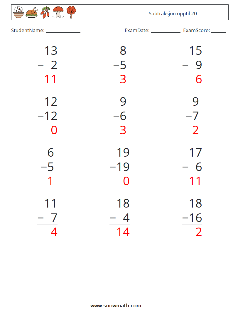 (12) Subtraksjon opptil 20 MathWorksheets 8 QuestionAnswer