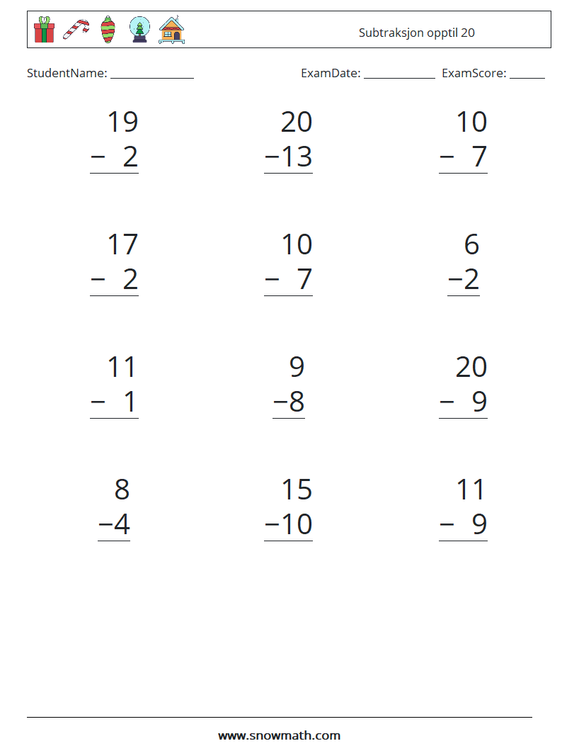 (12) Subtraksjon opptil 20 MathWorksheets 9