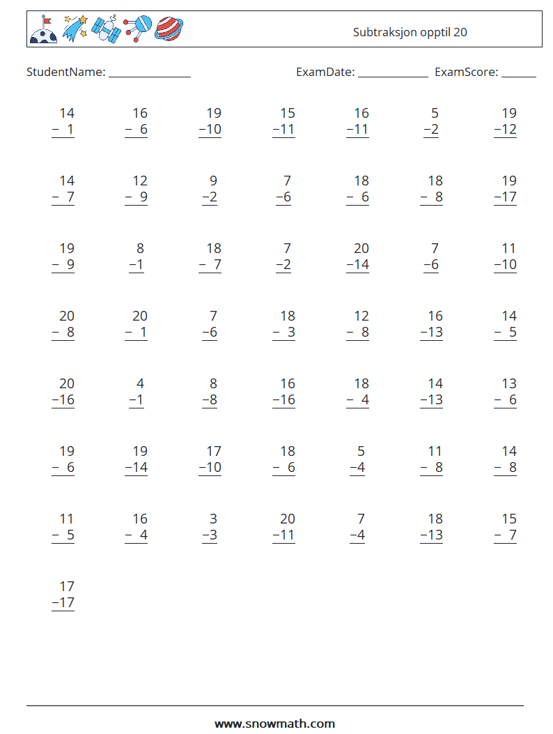 (50) Subtraksjon opptil 20 MathWorksheets 10
