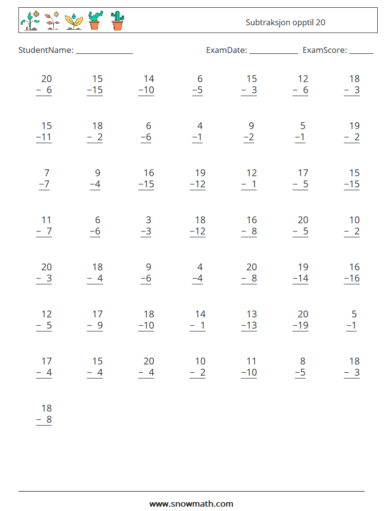 (50) Subtraksjon opptil 20 MathWorksheets 11
