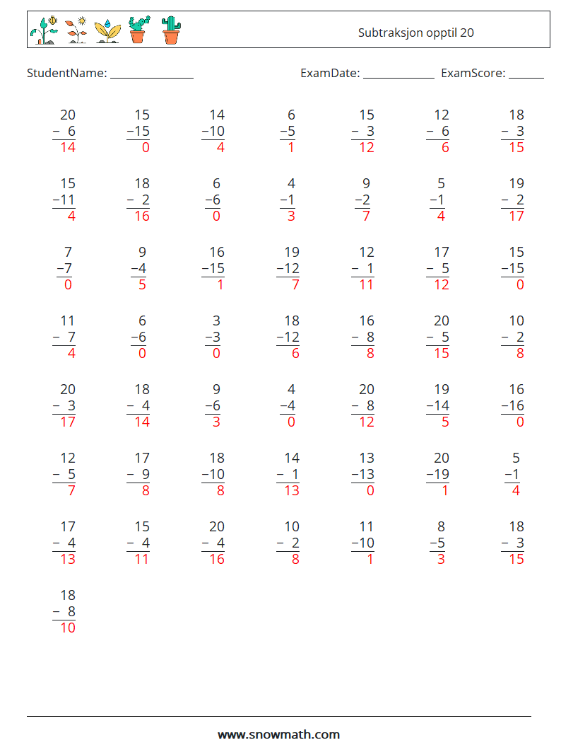 (50) Subtraksjon opptil 20 MathWorksheets 11 QuestionAnswer