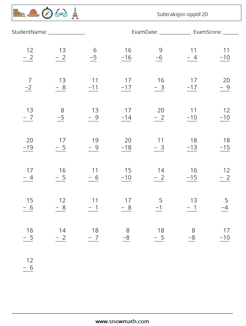 (50) Subtraksjon opptil 20 MathWorksheets 12