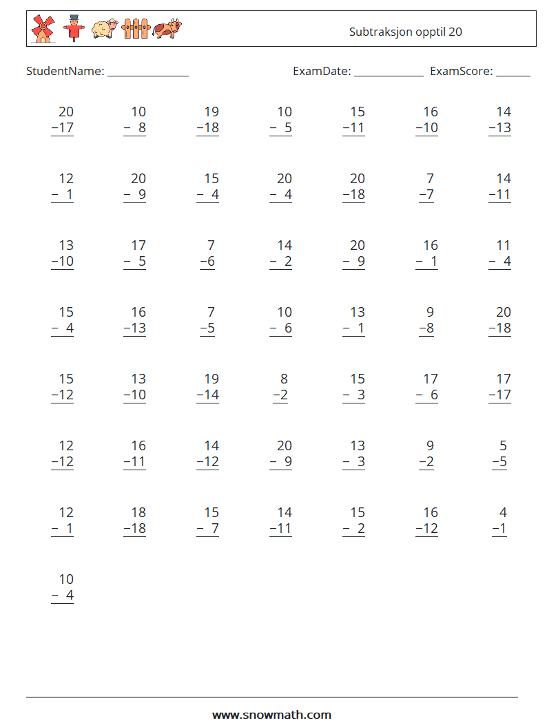 (50) Subtraksjon opptil 20 MathWorksheets 13