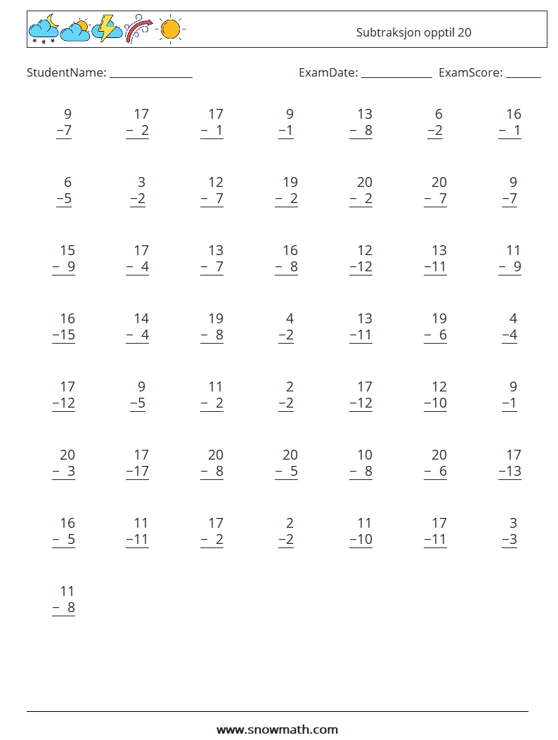 (50) Subtraksjon opptil 20 MathWorksheets 14