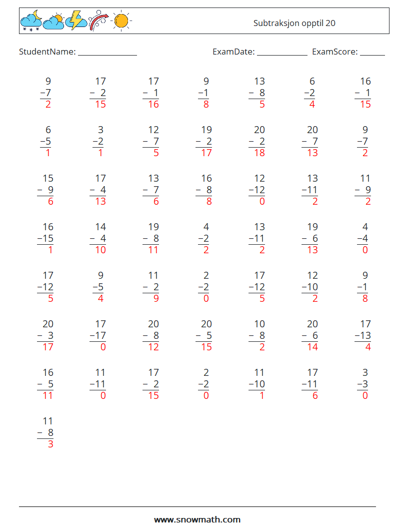 (50) Subtraksjon opptil 20 MathWorksheets 14 QuestionAnswer