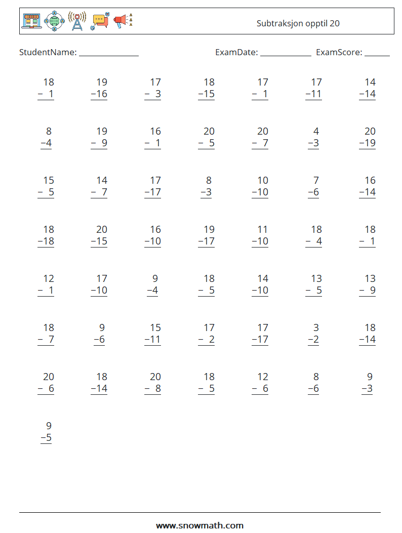 (50) Subtraksjon opptil 20 MathWorksheets 15