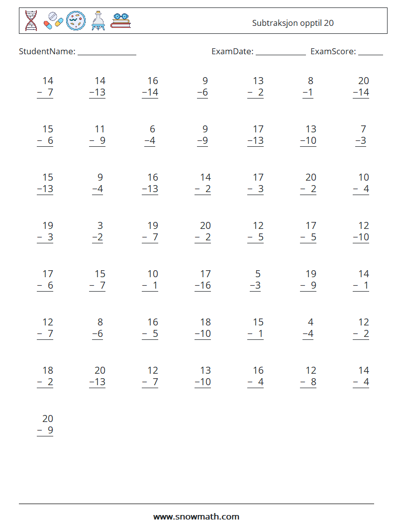 (50) Subtraksjon opptil 20 MathWorksheets 16