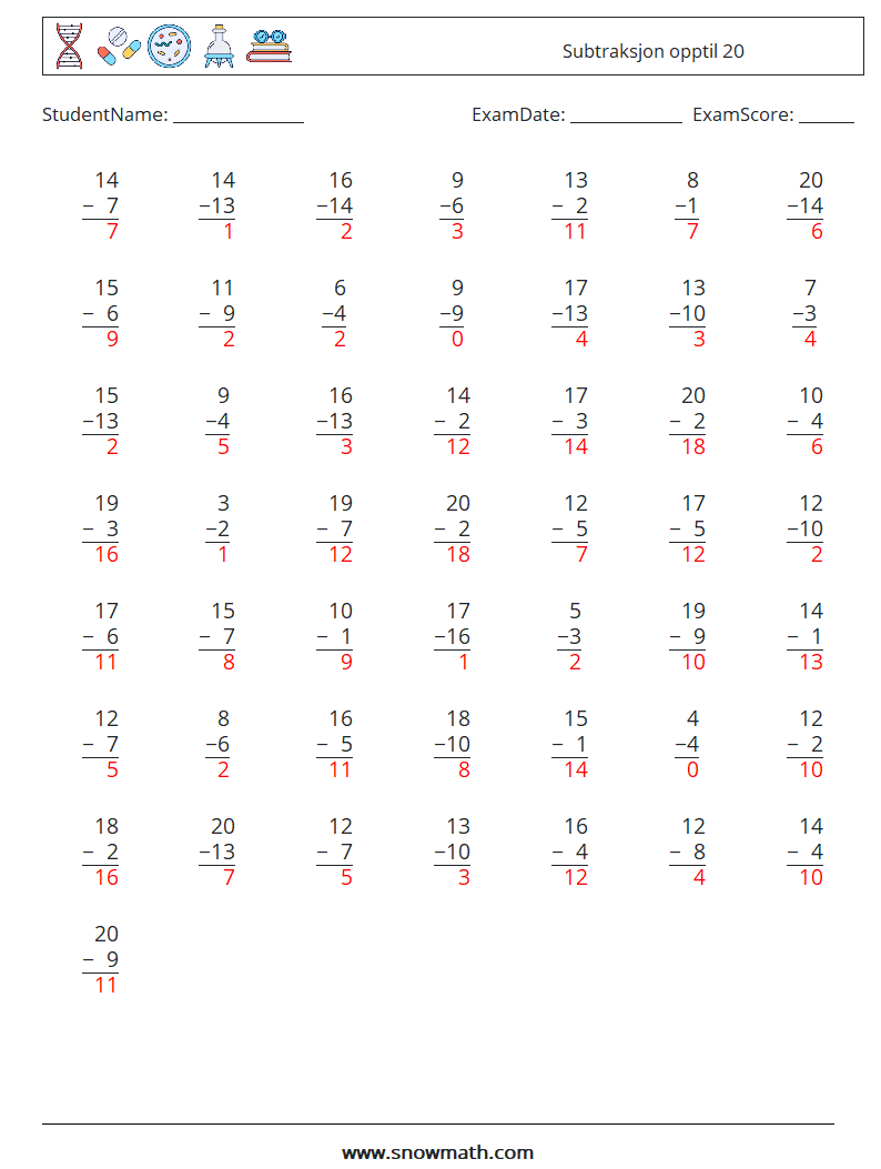 (50) Subtraksjon opptil 20 MathWorksheets 16 QuestionAnswer