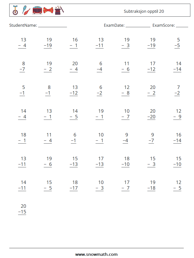 (50) Subtraksjon opptil 20 MathWorksheets 17