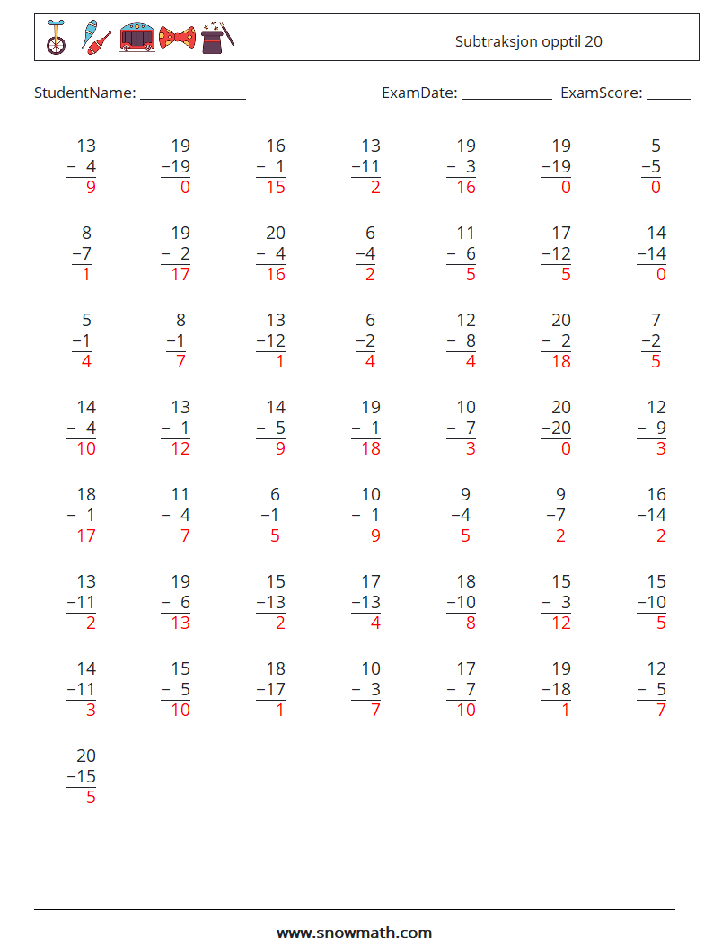(50) Subtraksjon opptil 20 MathWorksheets 17 QuestionAnswer