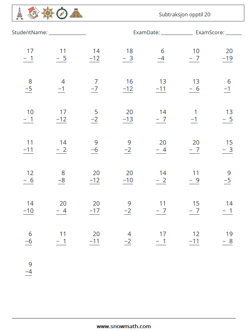 (50) Subtraksjon opptil 20 MathWorksheets 18