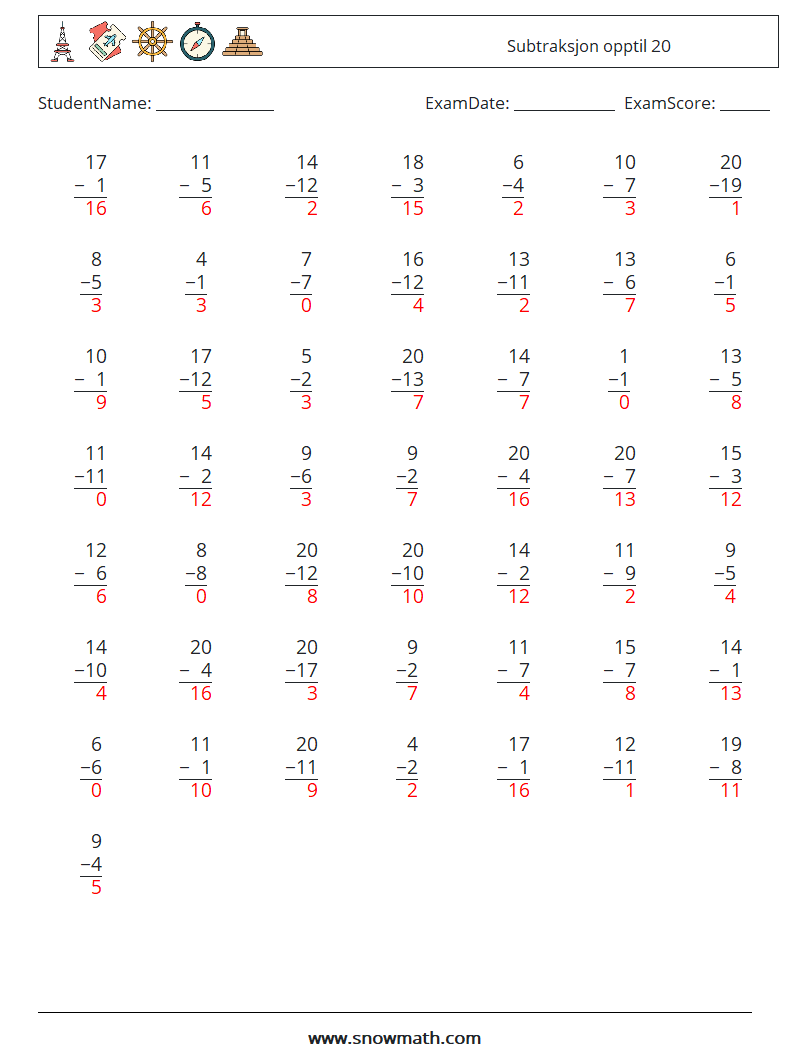 (50) Subtraksjon opptil 20 MathWorksheets 18 QuestionAnswer
