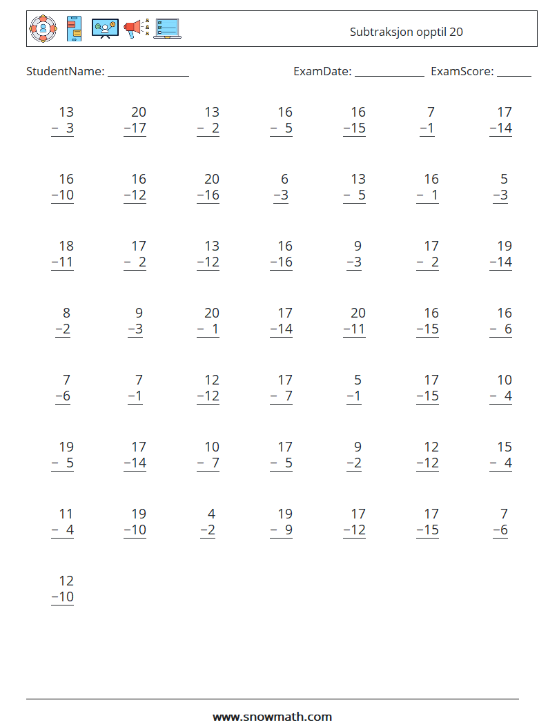 (50) Subtraksjon opptil 20 MathWorksheets 2