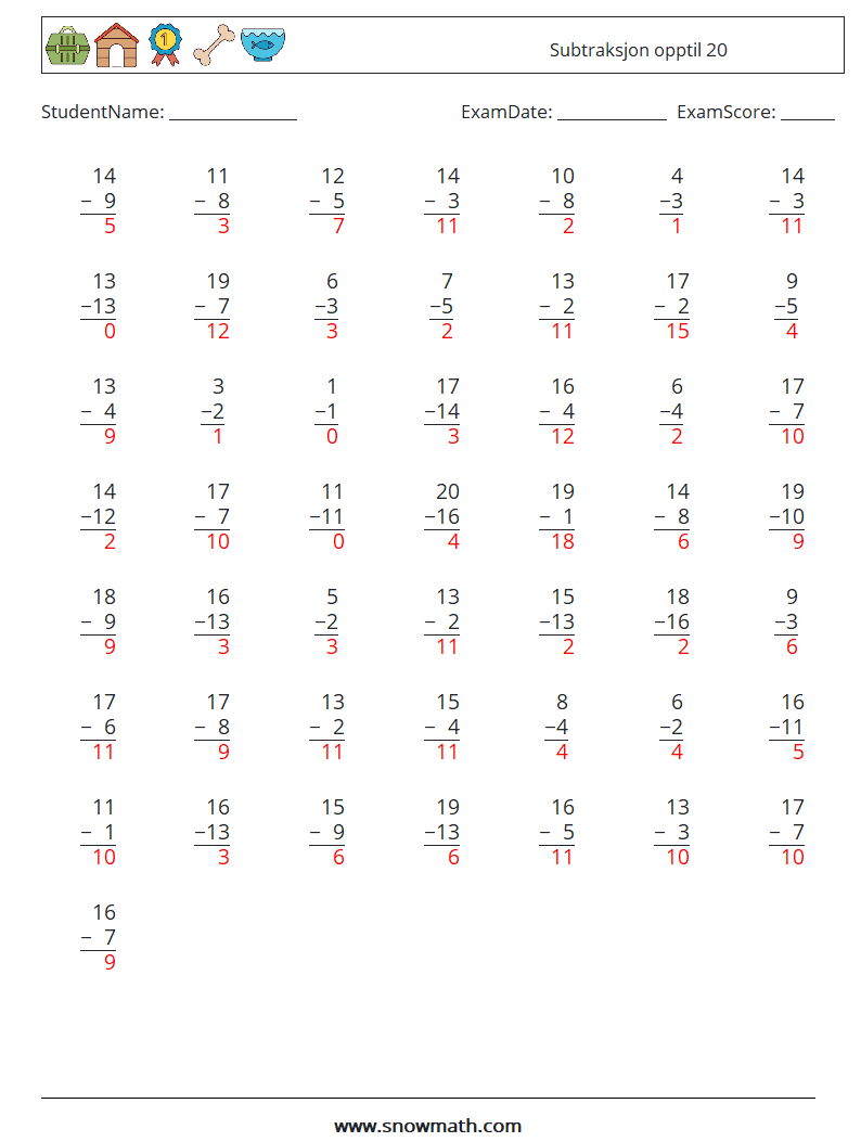 (50) Subtraksjon opptil 20 MathWorksheets 3 QuestionAnswer