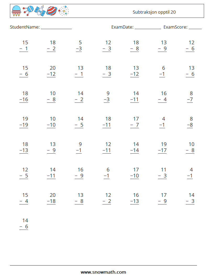 (50) Subtraksjon opptil 20 MathWorksheets 5