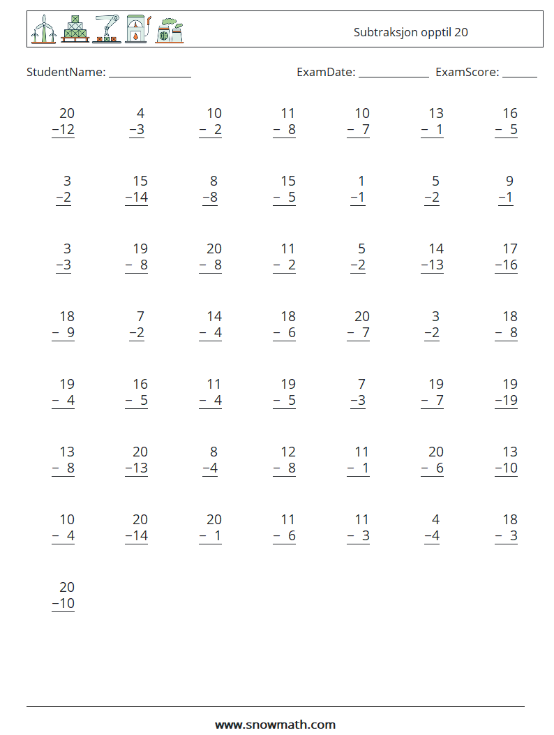 (50) Subtraksjon opptil 20 MathWorksheets 7