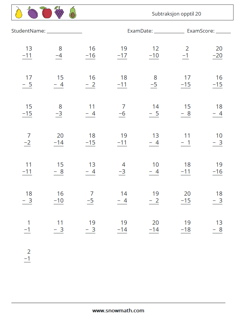 (50) Subtraksjon opptil 20 MathWorksheets 8