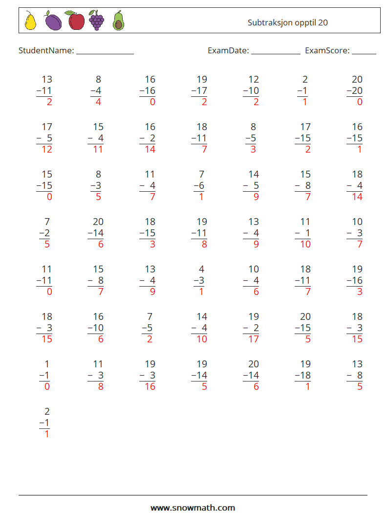 (50) Subtraksjon opptil 20 MathWorksheets 8 QuestionAnswer