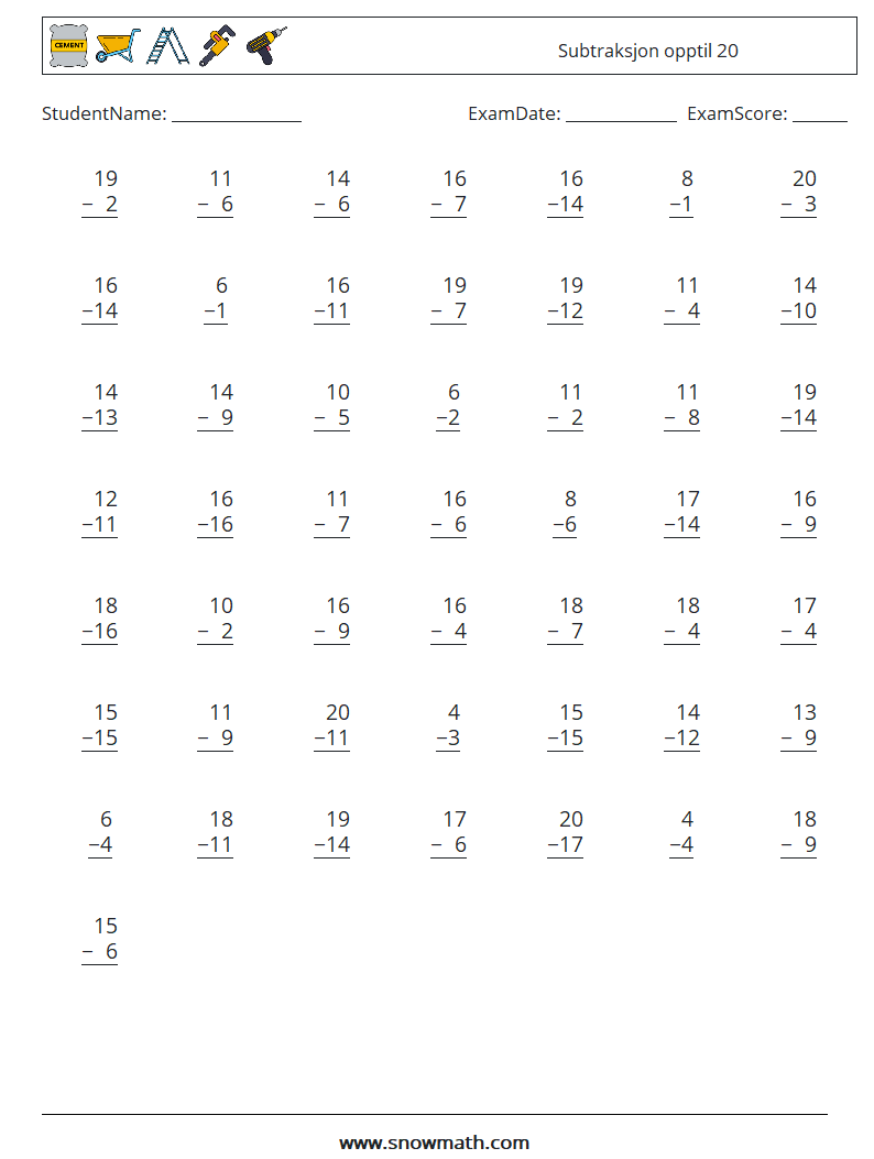 (50) Subtraksjon opptil 20 MathWorksheets 9