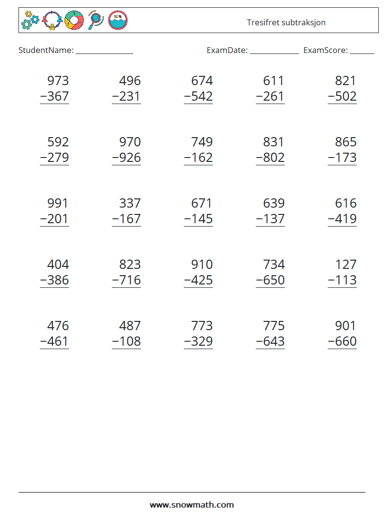 (25) Tresifret subtraksjon MathWorksheets 10