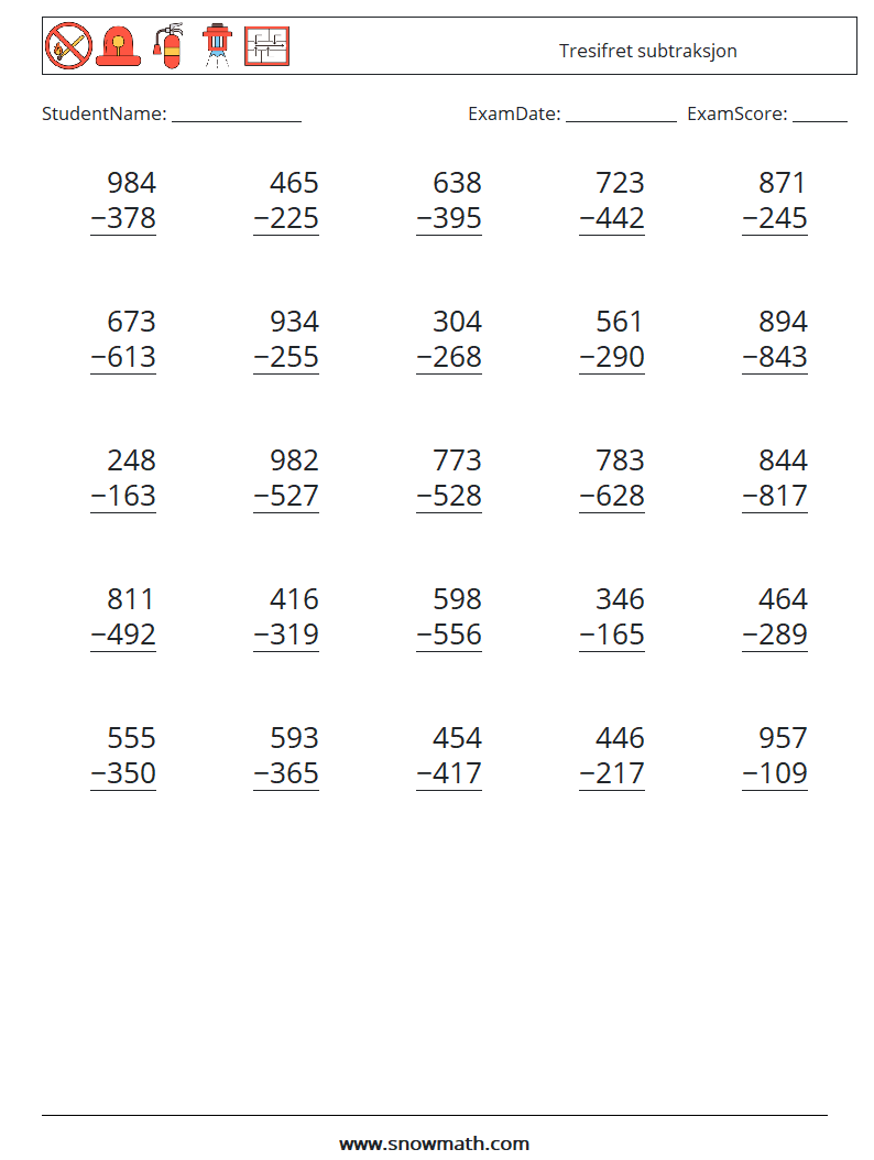 (25) Tresifret subtraksjon MathWorksheets 11