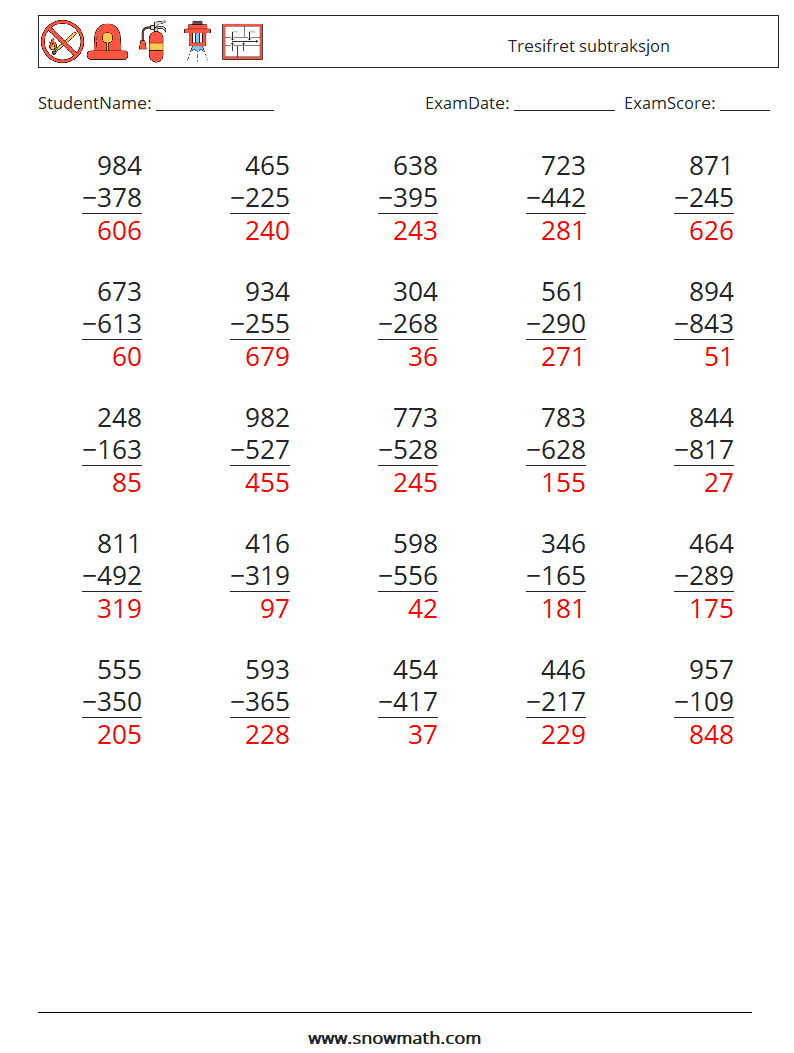 (25) Tresifret subtraksjon MathWorksheets 11 QuestionAnswer