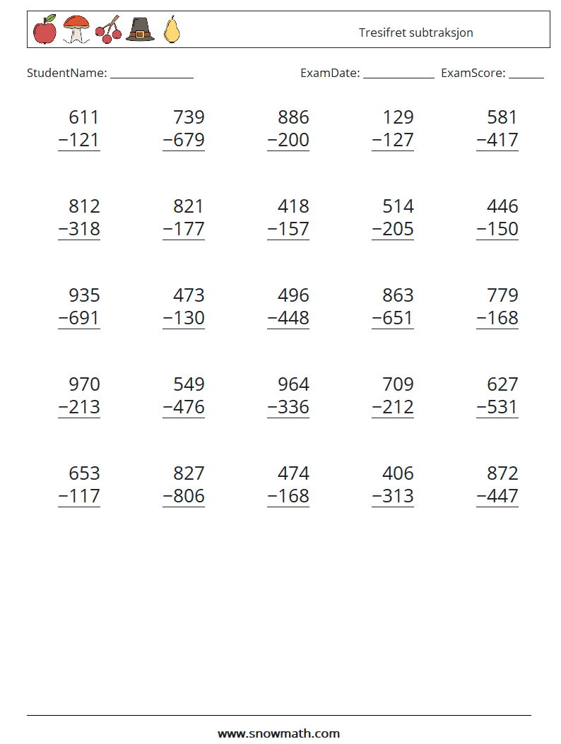 (25) Tresifret subtraksjon MathWorksheets 14