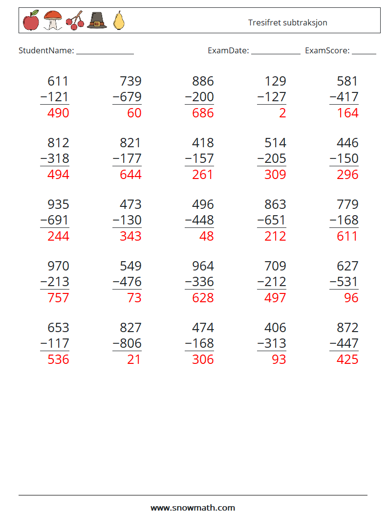 (25) Tresifret subtraksjon MathWorksheets 14 QuestionAnswer