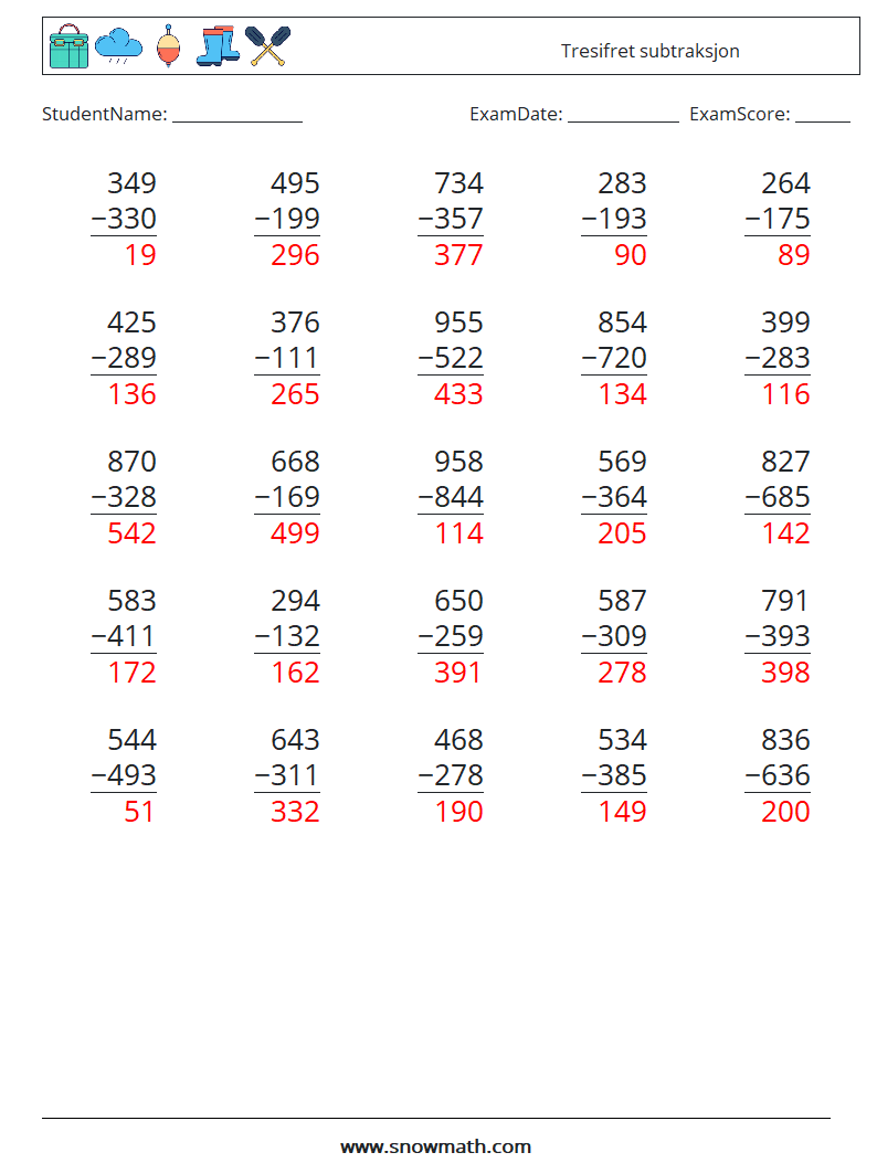 (25) Tresifret subtraksjon MathWorksheets 15 QuestionAnswer