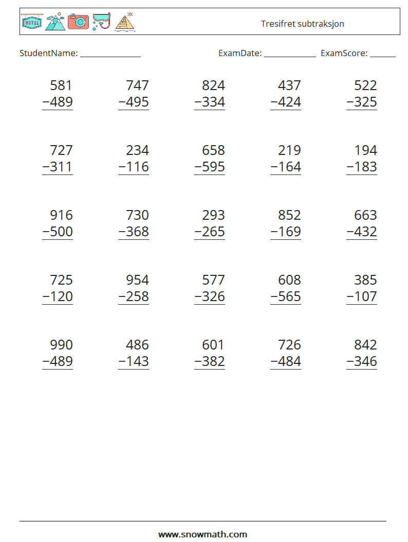 (25) Tresifret subtraksjon MathWorksheets 16