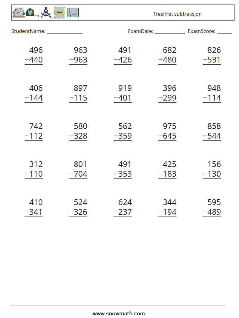 (25) Tresifret subtraksjon MathWorksheets 4