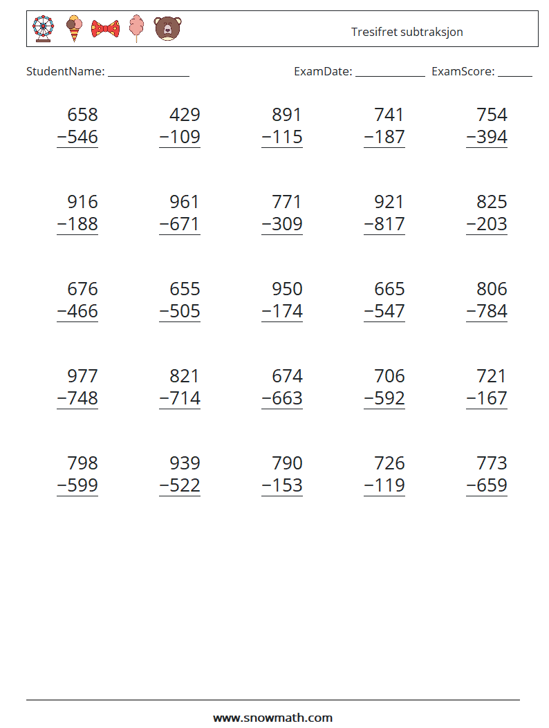 (25) Tresifret subtraksjon MathWorksheets 9