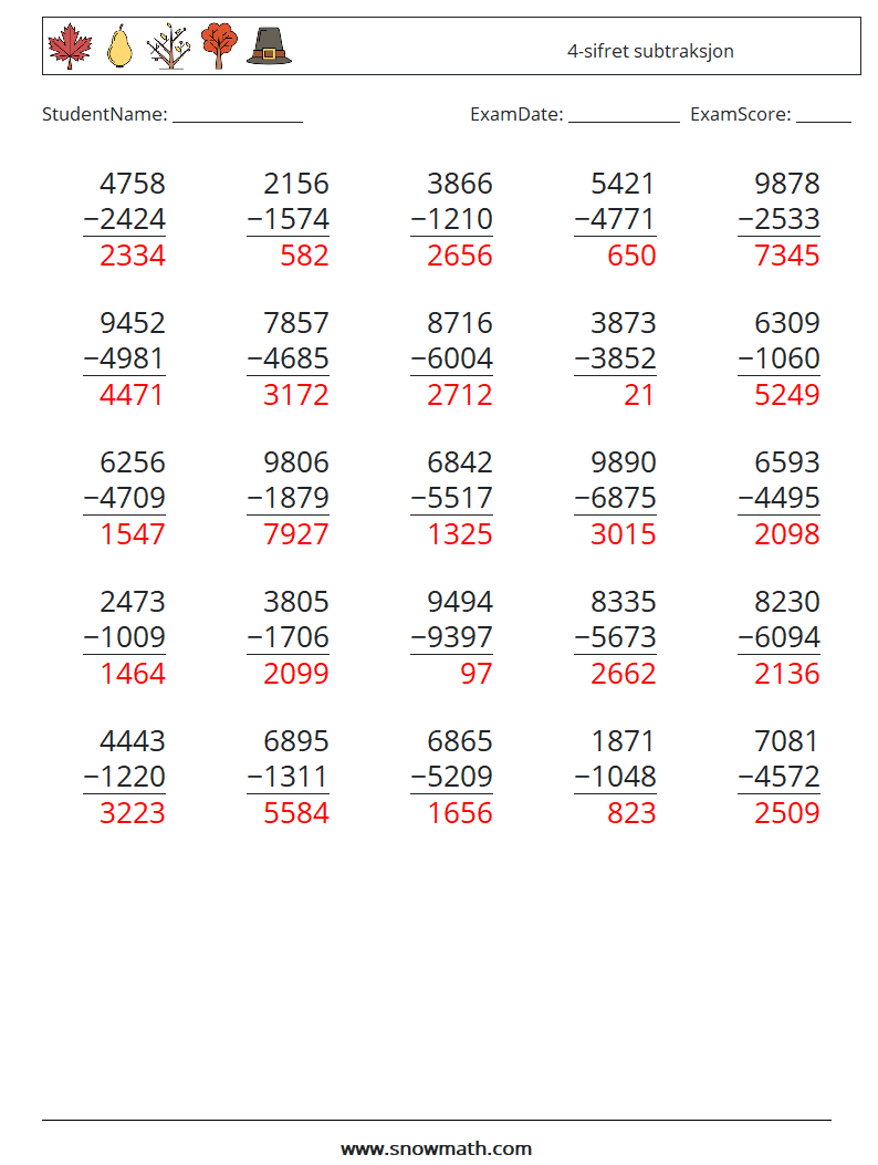 (25) 4-sifret subtraksjon MathWorksheets 12 QuestionAnswer