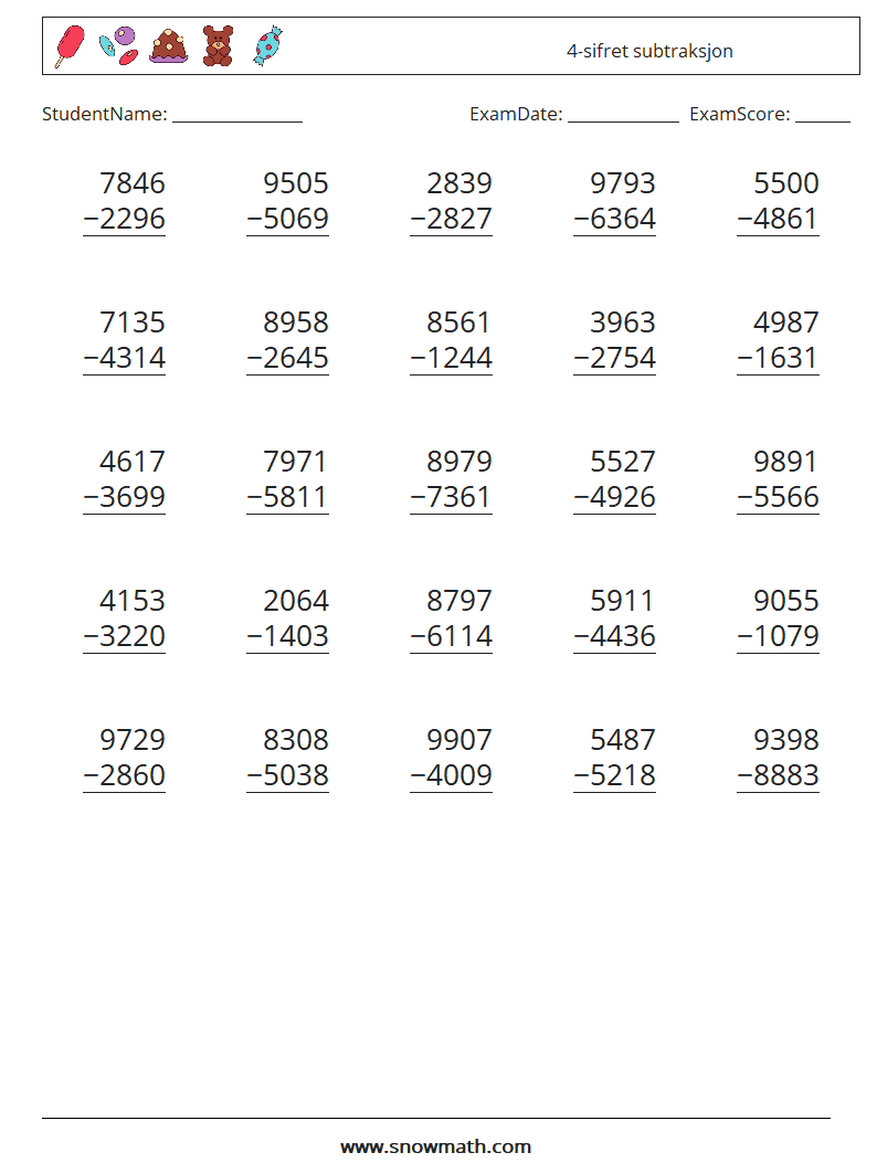 (25) 4-sifret subtraksjon MathWorksheets 15