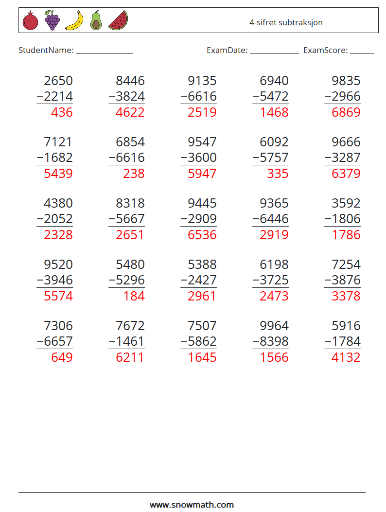 (25) 4-sifret subtraksjon MathWorksheets 16 QuestionAnswer