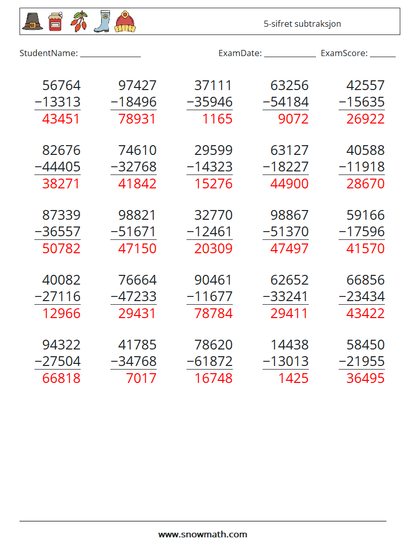 (25) 5-sifret subtraksjon MathWorksheets 12 QuestionAnswer