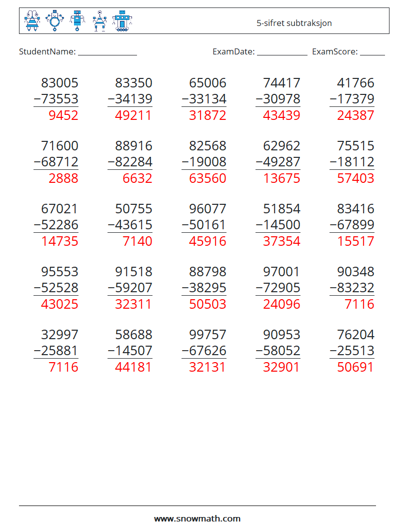 (25) 5-sifret subtraksjon MathWorksheets 18 QuestionAnswer