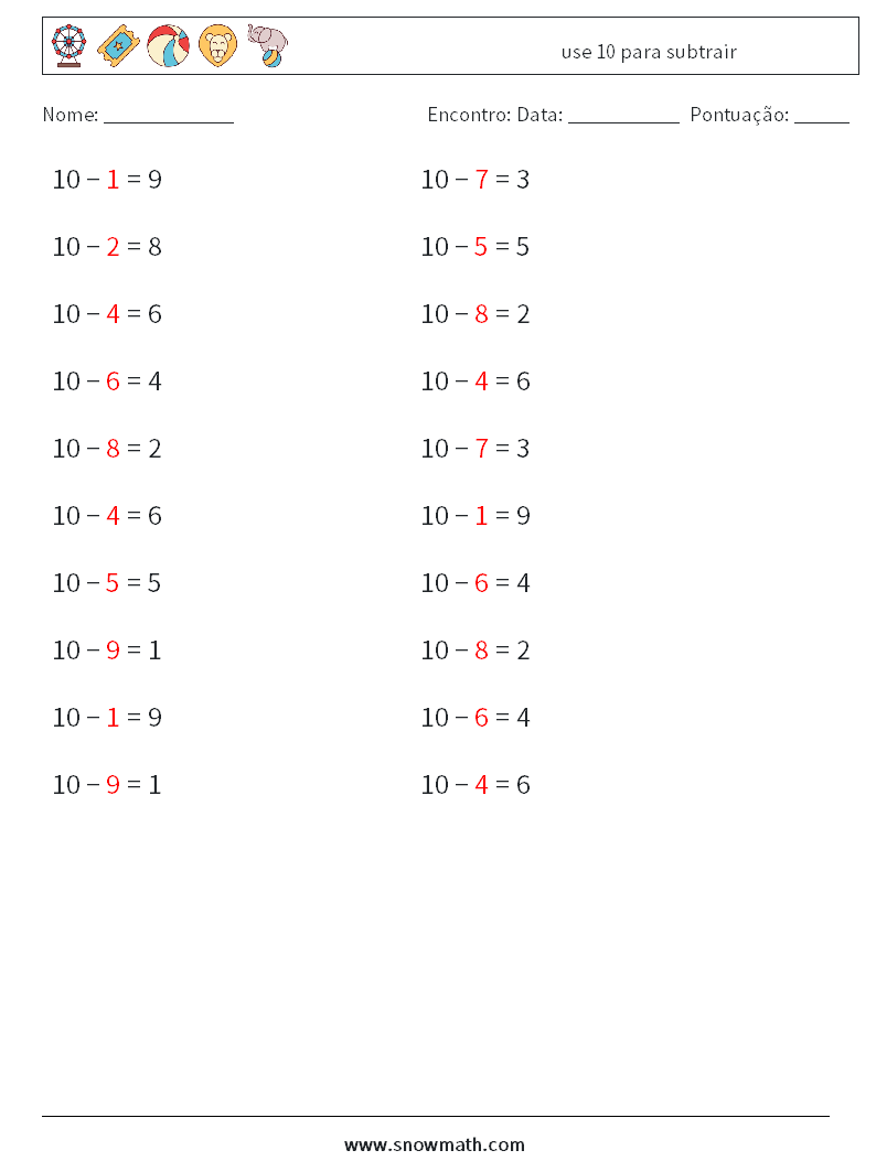 (20) use 10 para subtrair planilhas matemáticas 1 Pergunta, Resposta
