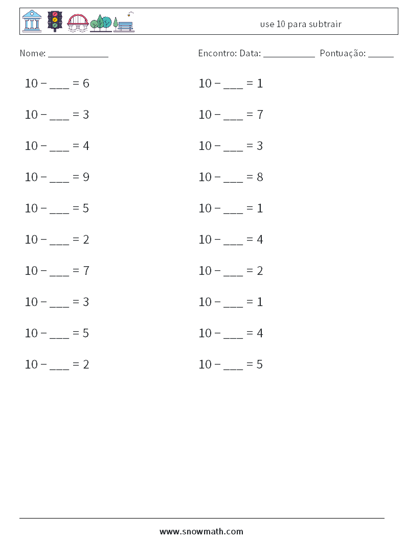(20) use 10 para subtrair planilhas matemáticas 2