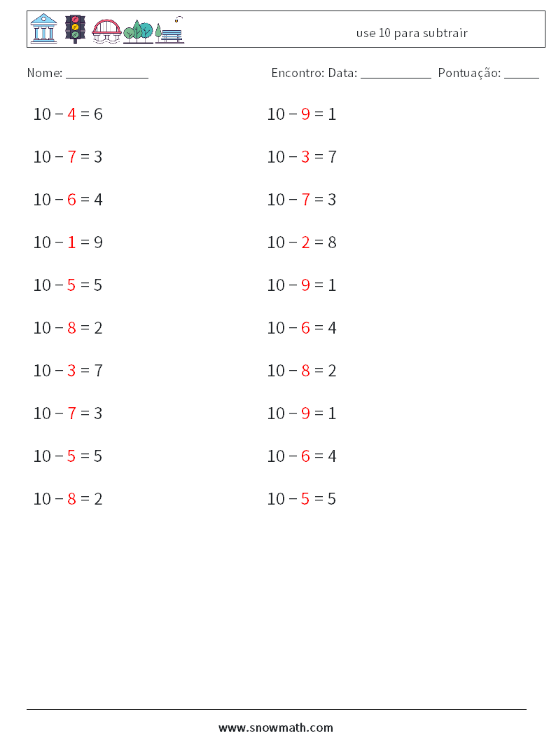 (20) use 10 para subtrair planilhas matemáticas 2 Pergunta, Resposta