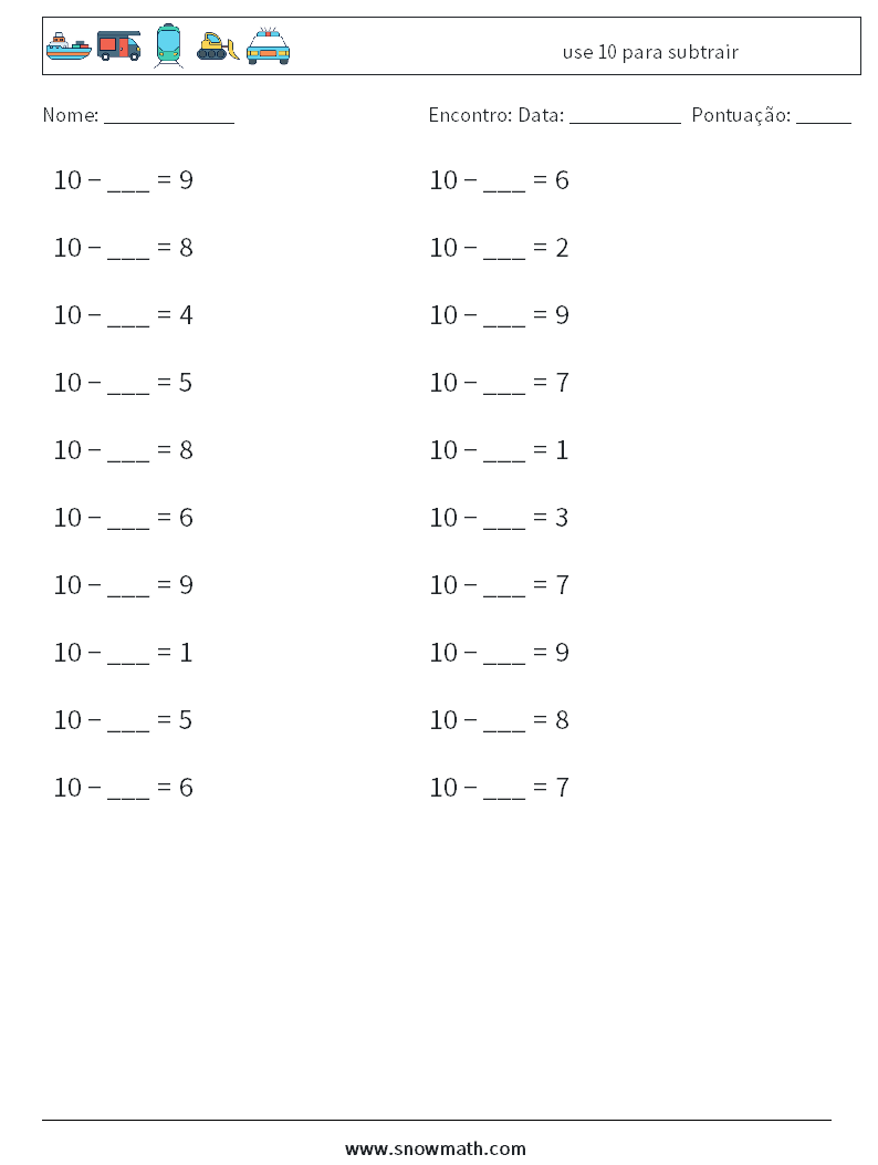 (20) use 10 para subtrair planilhas matemáticas 3