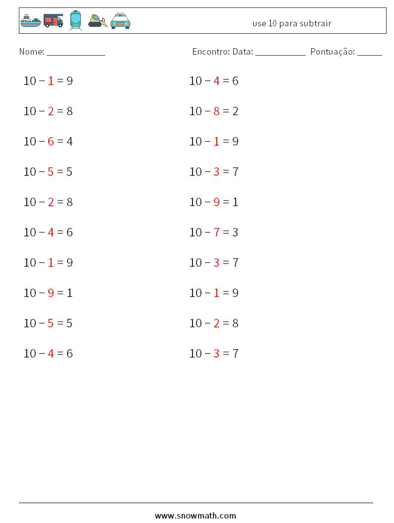 (20) use 10 para subtrair planilhas matemáticas 3 Pergunta, Resposta