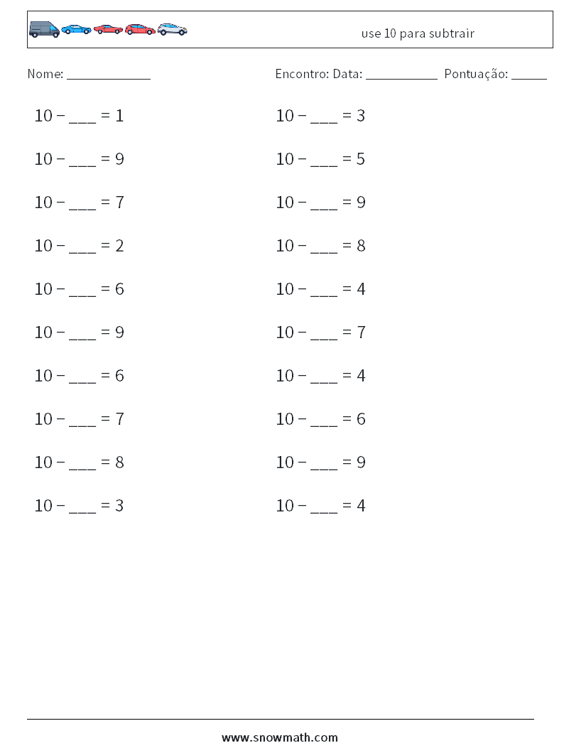 (20) use 10 para subtrair planilhas matemáticas 4