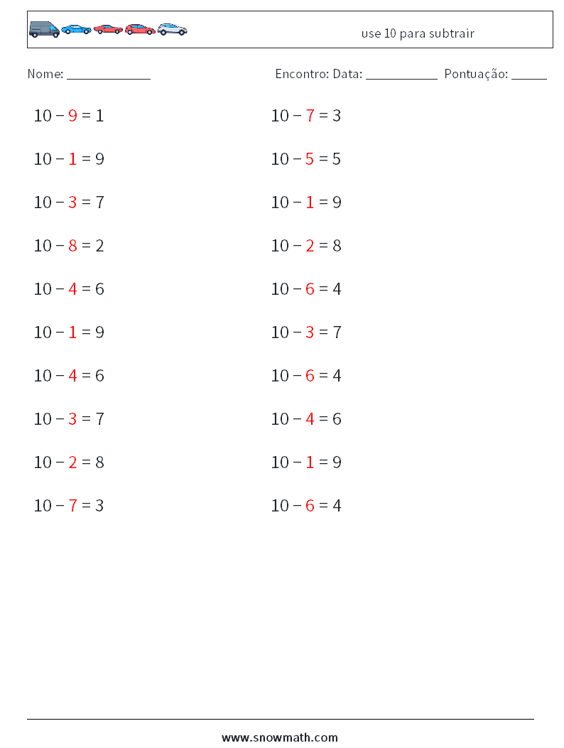 (20) use 10 para subtrair planilhas matemáticas 4 Pergunta, Resposta