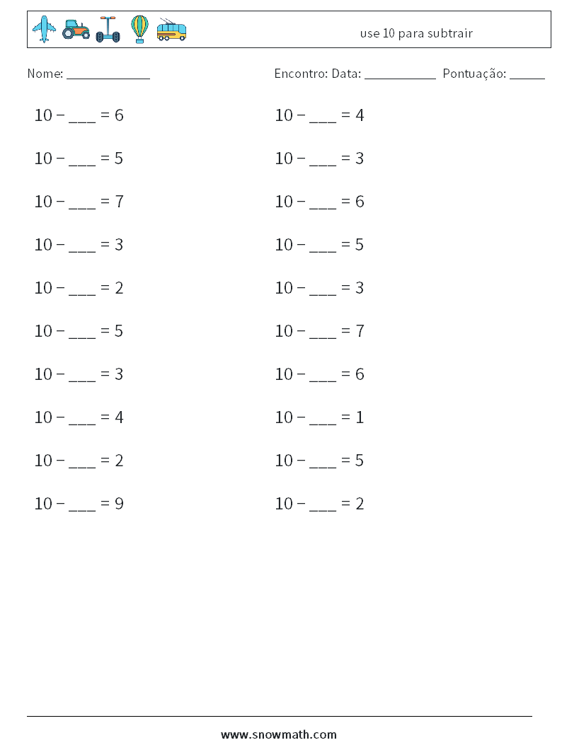 (20) use 10 para subtrair planilhas matemáticas 5