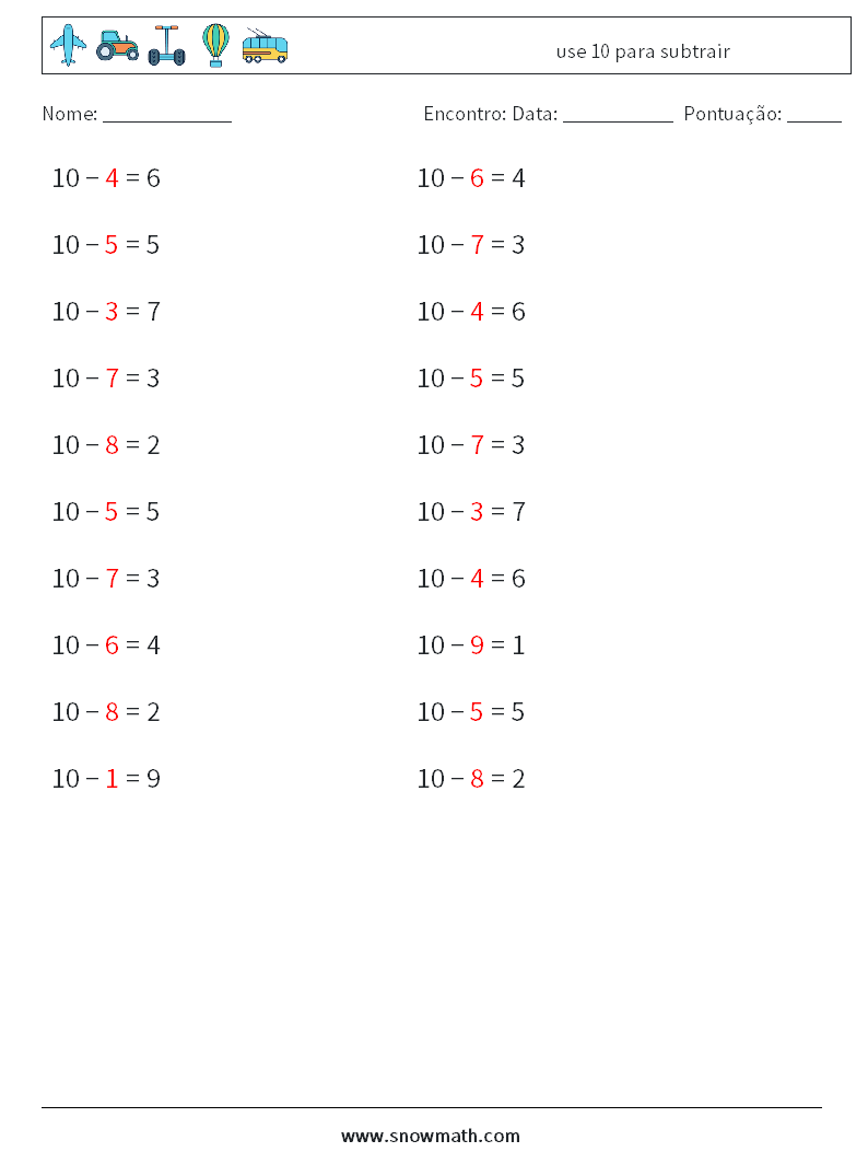 (20) use 10 para subtrair planilhas matemáticas 5 Pergunta, Resposta