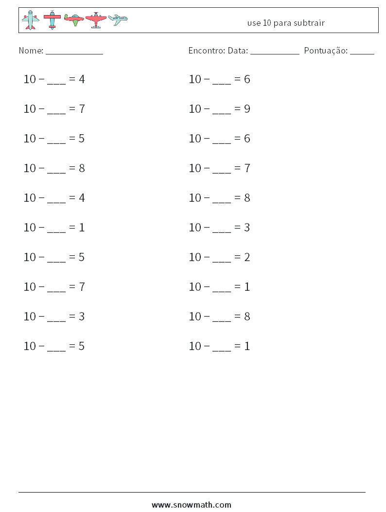 (20) use 10 para subtrair planilhas matemáticas 6